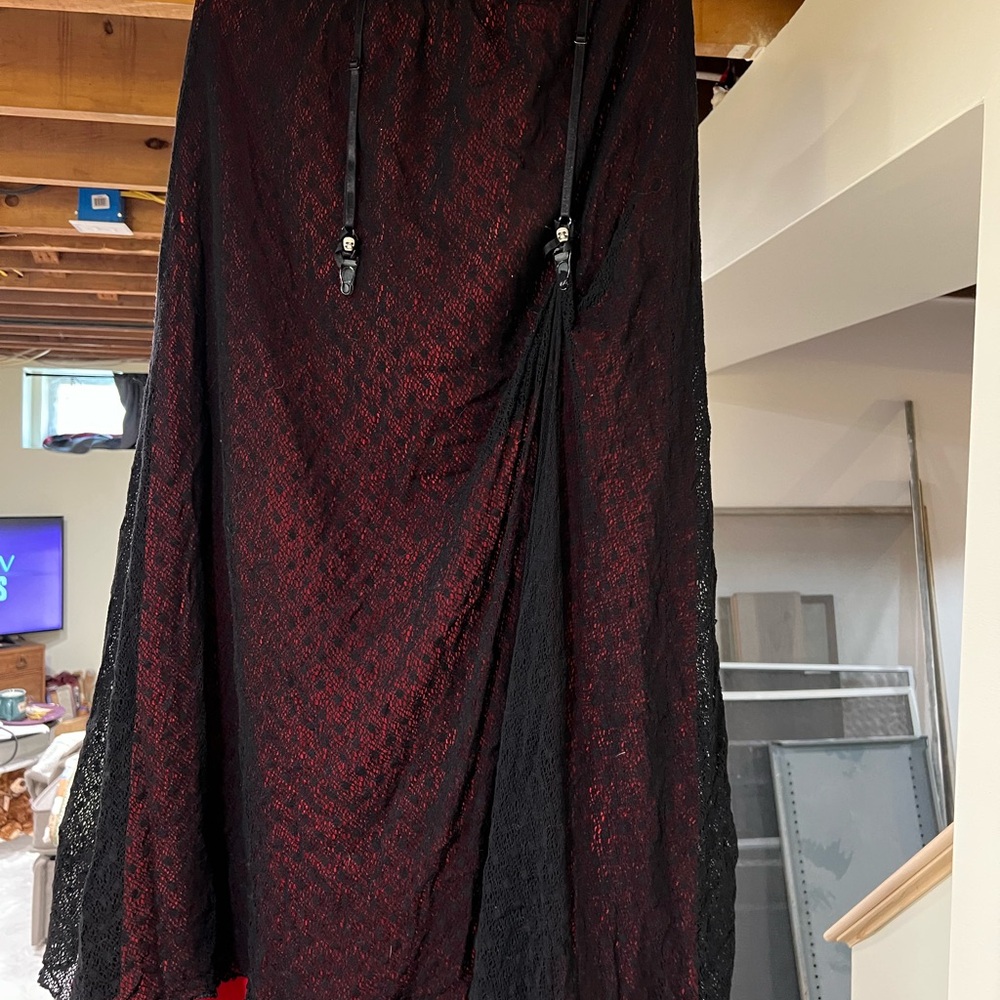 Darkwear clothing company Elegant Black and Deep Red Lace Maxi Skirt with skull